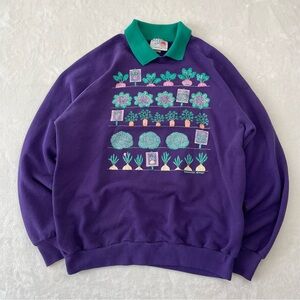 VTG Morning Sun Sz XL Veggie Garden Purple & Green Collared Sweatshirt Cottage